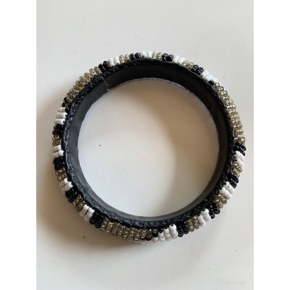 Beaded Bangle Bracelet Black White Gray Seed Bead Leather Lined Tribal Ethnic